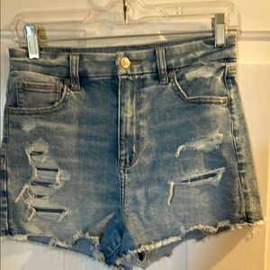 Blue Distressed Jean Shorts with Frayed Hem
